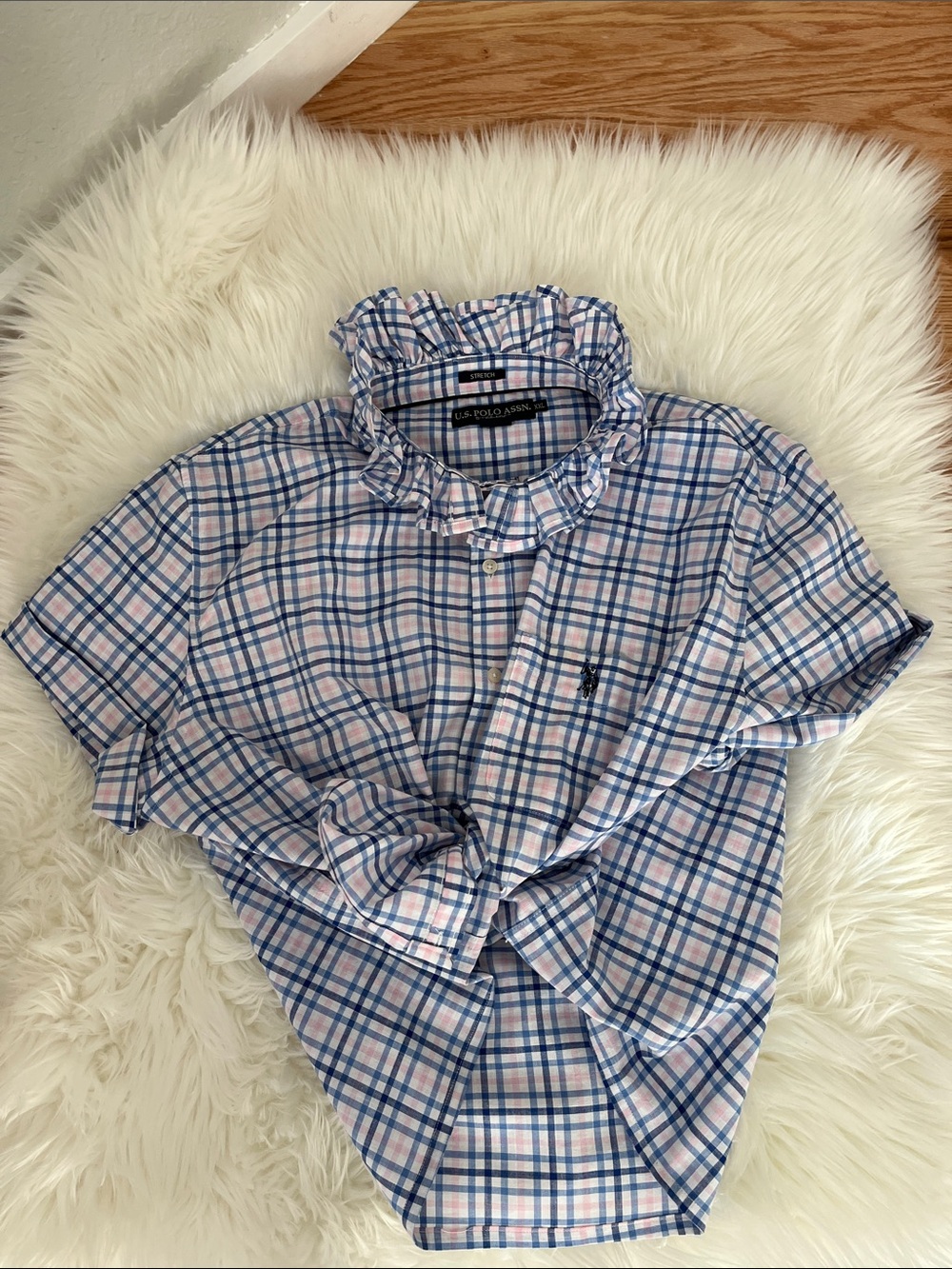U.S. Polo Assn. Blue and Pink Plaid Short-Sleeve Button-Down Shirt XL
